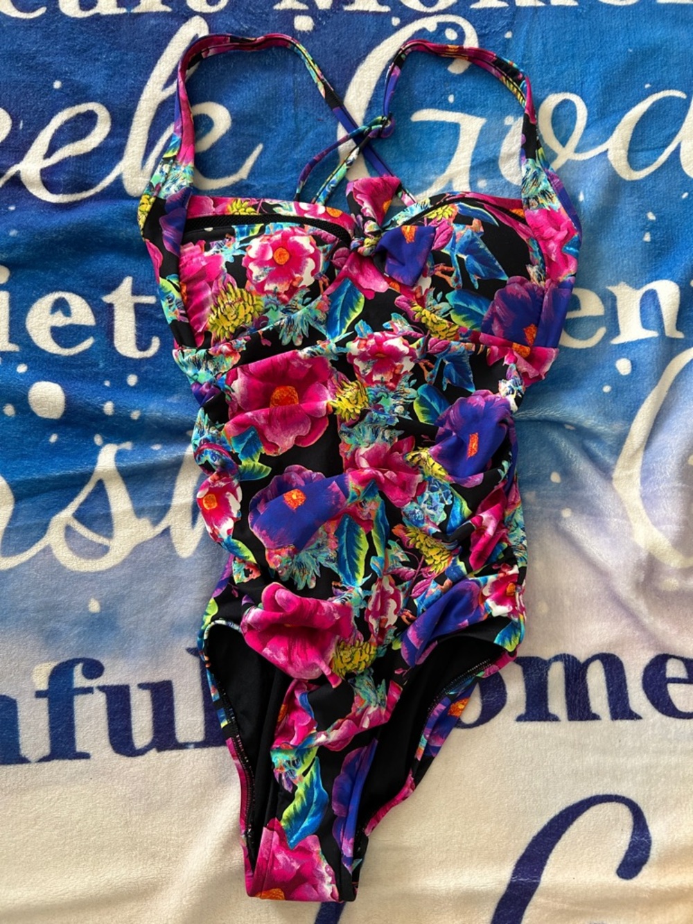 Seafolly Black One-Piece Swimsuit with Pink & Blue Floral Print
